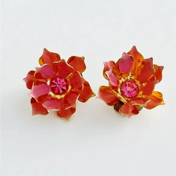 Vintage Brooch & Earring Set Pink Flowers, Rhinestones Gold Tone. - Picture 9 of 12